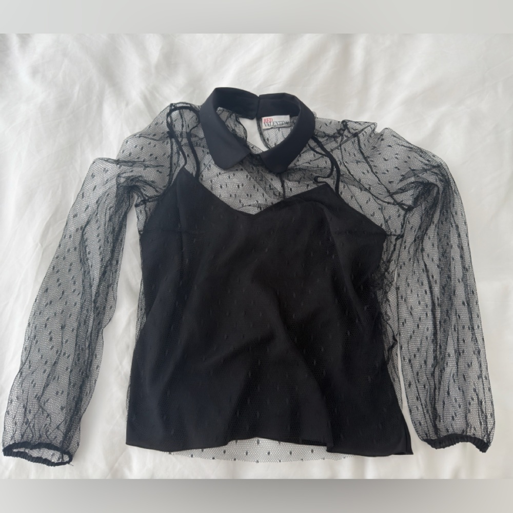 RED Valentino Black Sheer Polka Mesh Top Size 42 IT size 6 US